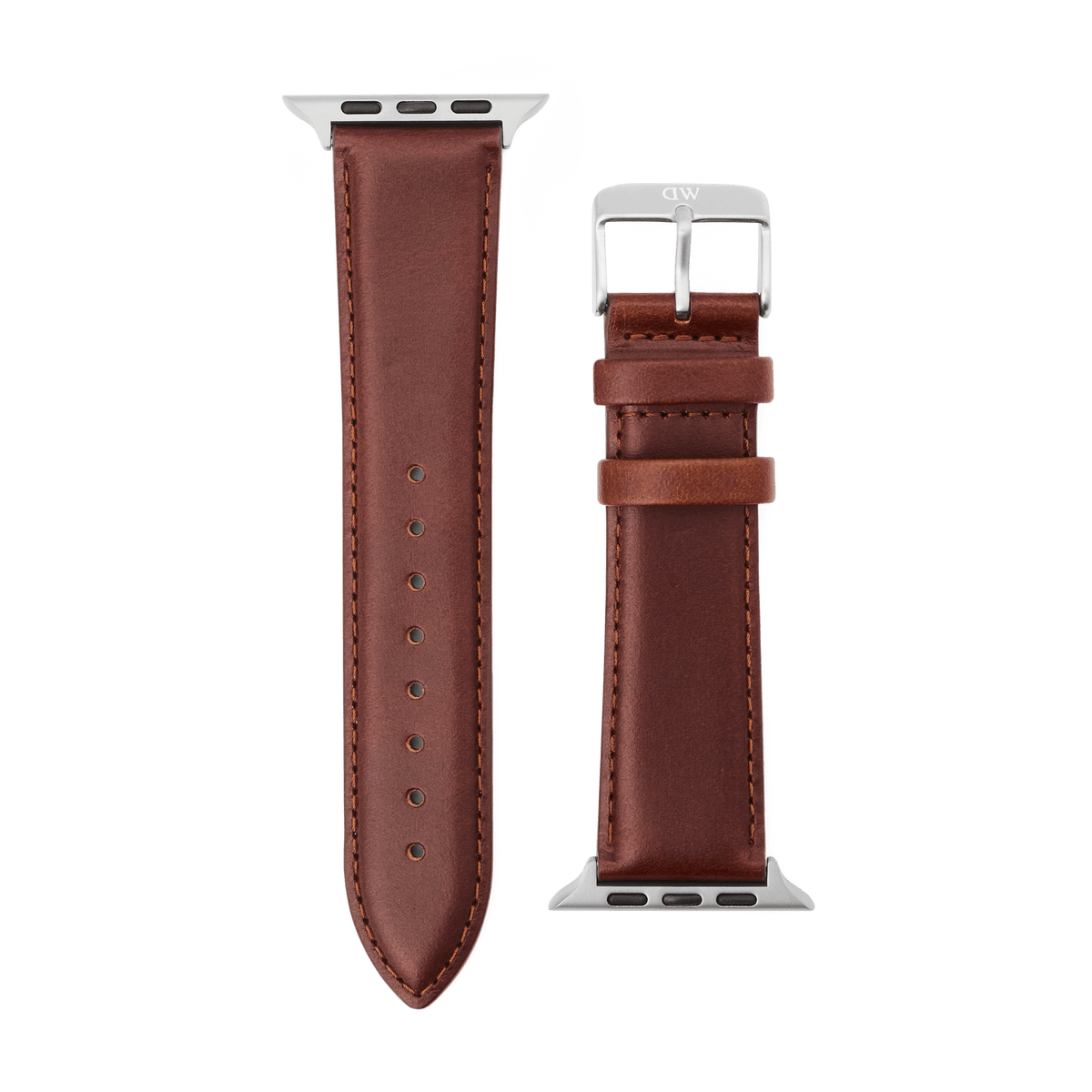 Daniel Wellington St Mawes smartwatch strap in brown leather with contrast stitching and a silver pin buckle and connectors.