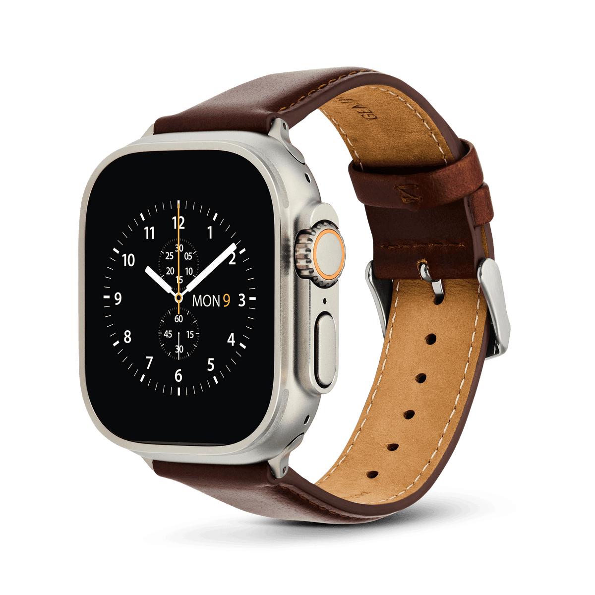 An Apple Watch Ultra with a titanium case, fitted with a Daniel Wellington St Mawes brown leather strap and silver pin buckle.