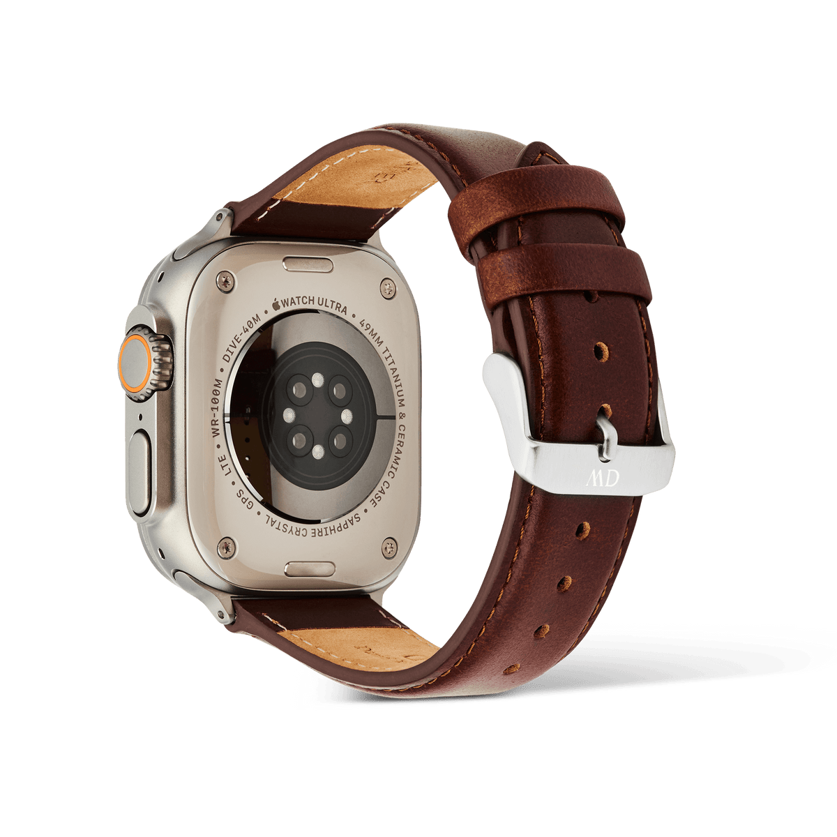 Daniel Wellington St Mawes Leather Strap in brown, shown on the back of an Apple Watch Ultra with a silver pin buckle.