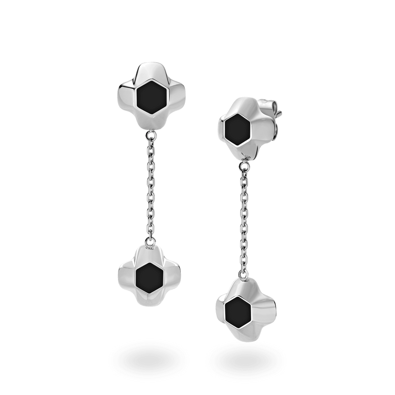 North Star Earrings Drop Black Enamel Silver
