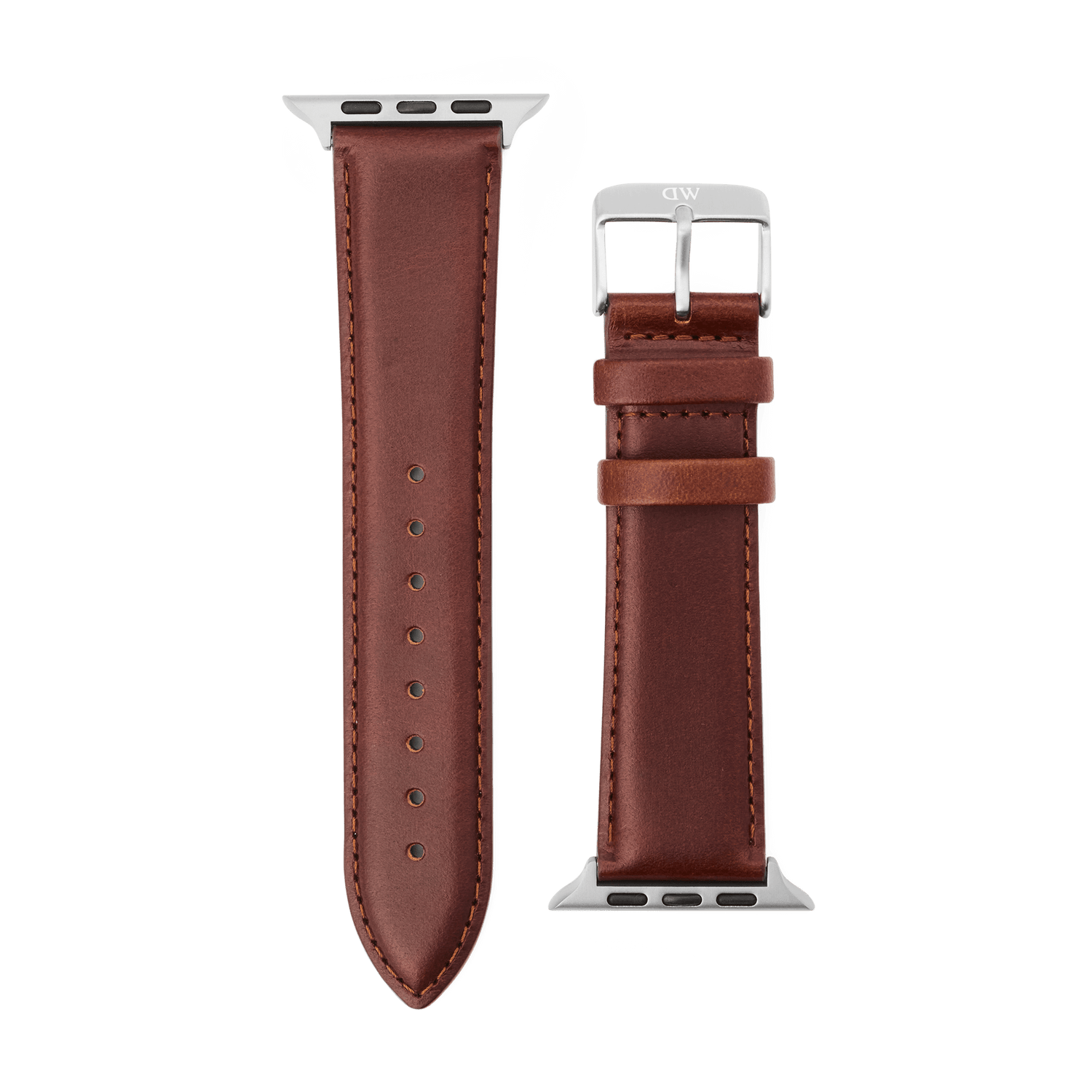 Daniel Wellington St Mawes smartwatch strap in brown leather with contrast stitching and a silver pin buckle and connectors.
