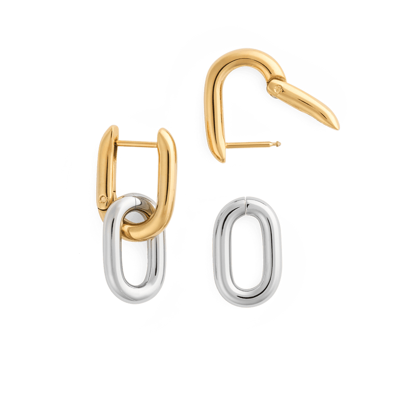 Contrast Link Earrings Two Tone Gold