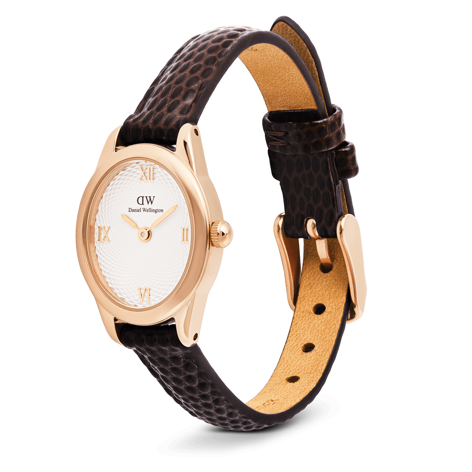Ophelia Mini Dark Brown Lizard White Guilloché Rose Gold