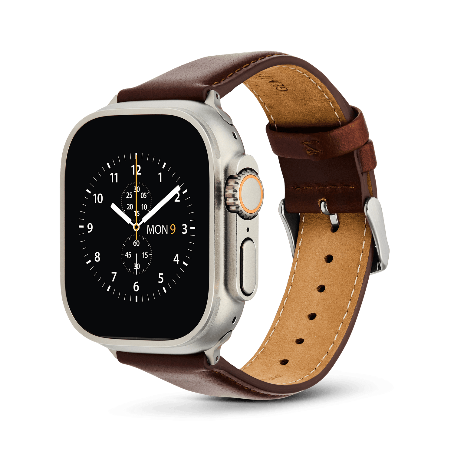 An Apple Watch Ultra with a titanium case, fitted with a Daniel Wellington St Mawes brown leather strap and silver pin buckle.