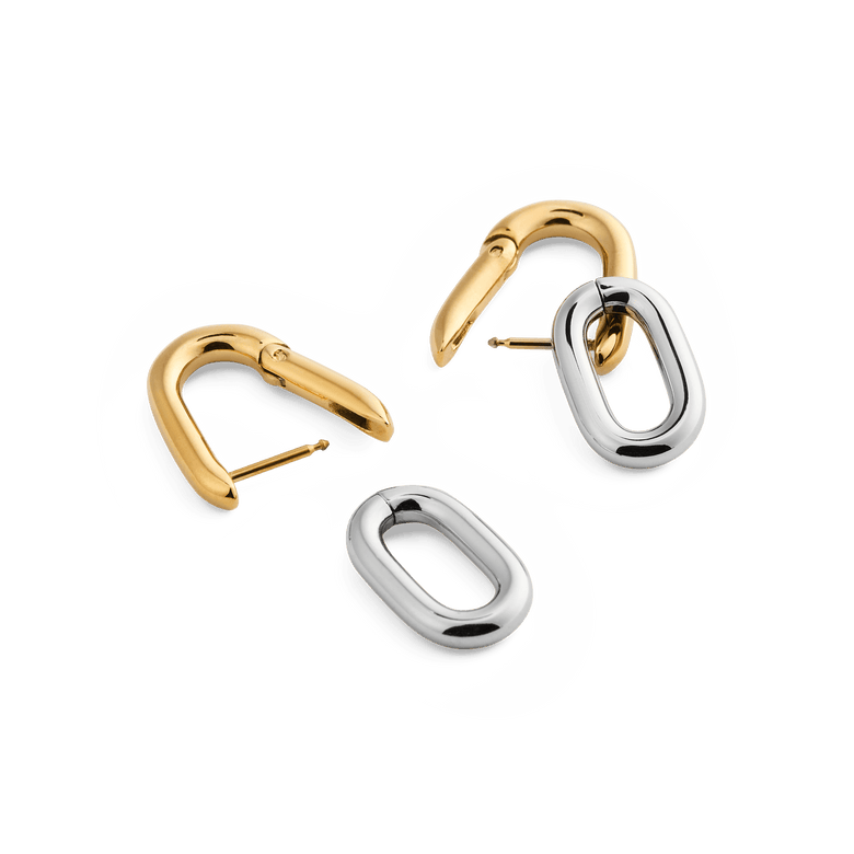 Contrast Link Earrings Two Tone Gold