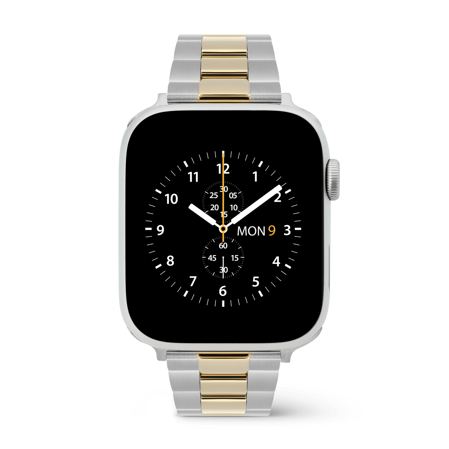 Daniel Wellington Smartwatch Iconic Link with a two-tone silver and gold three-piece link bracelet, shown on a smartwatch with a black analog dial.