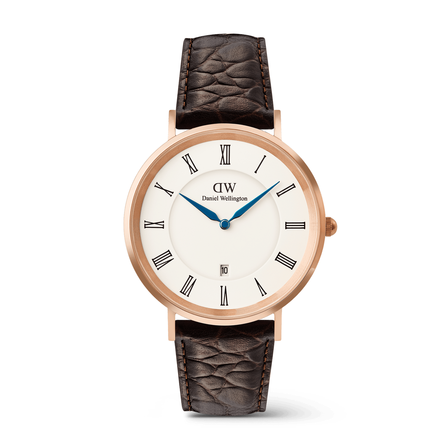 Classic Roman Numerals Date Dark Brown Croc Belly Rose Gold