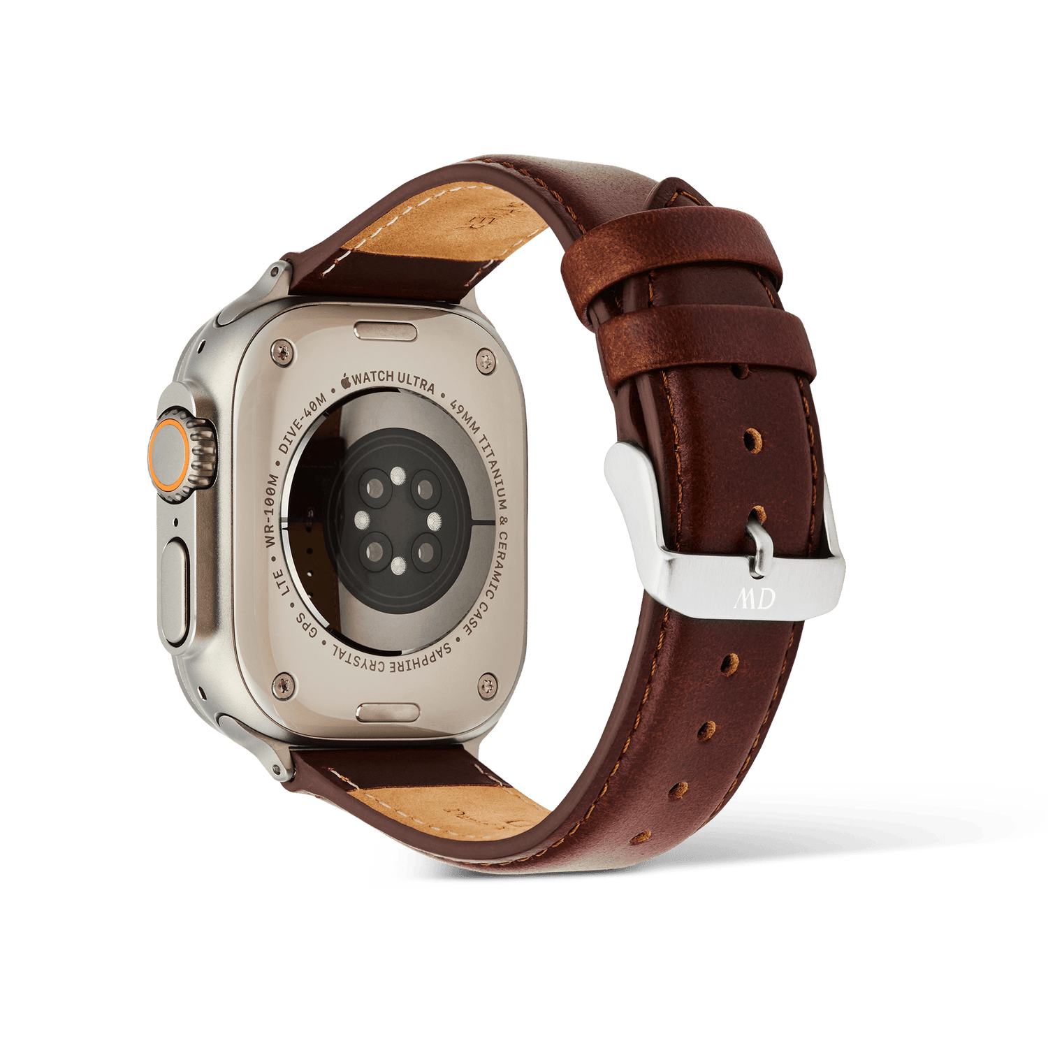 Daniel Wellington St Mawes Leather Strap in brown, shown on the back of an Apple Watch Ultra with a silver pin buckle.