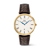 Classic Roman Numerals Date Dark Brown Croc Belly Gold