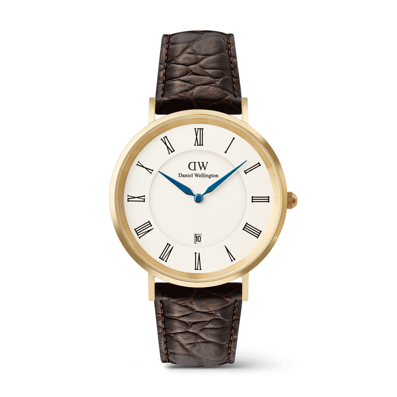 Classic Roman Numerals Date Dark Brown Croc Belly Gold