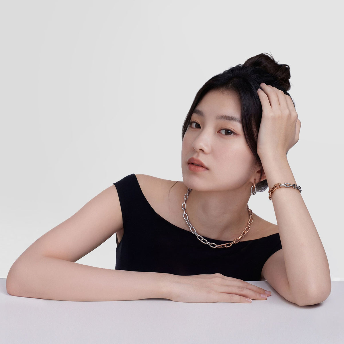 Contrast Link Earrings Two Tone Rose Gold