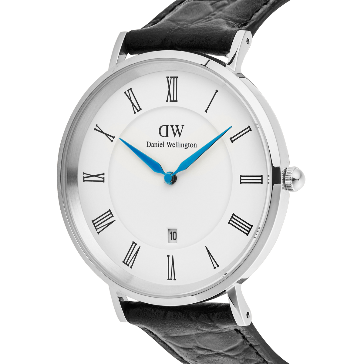 Classic Roman Numerals Date Black Croc Belly Silver