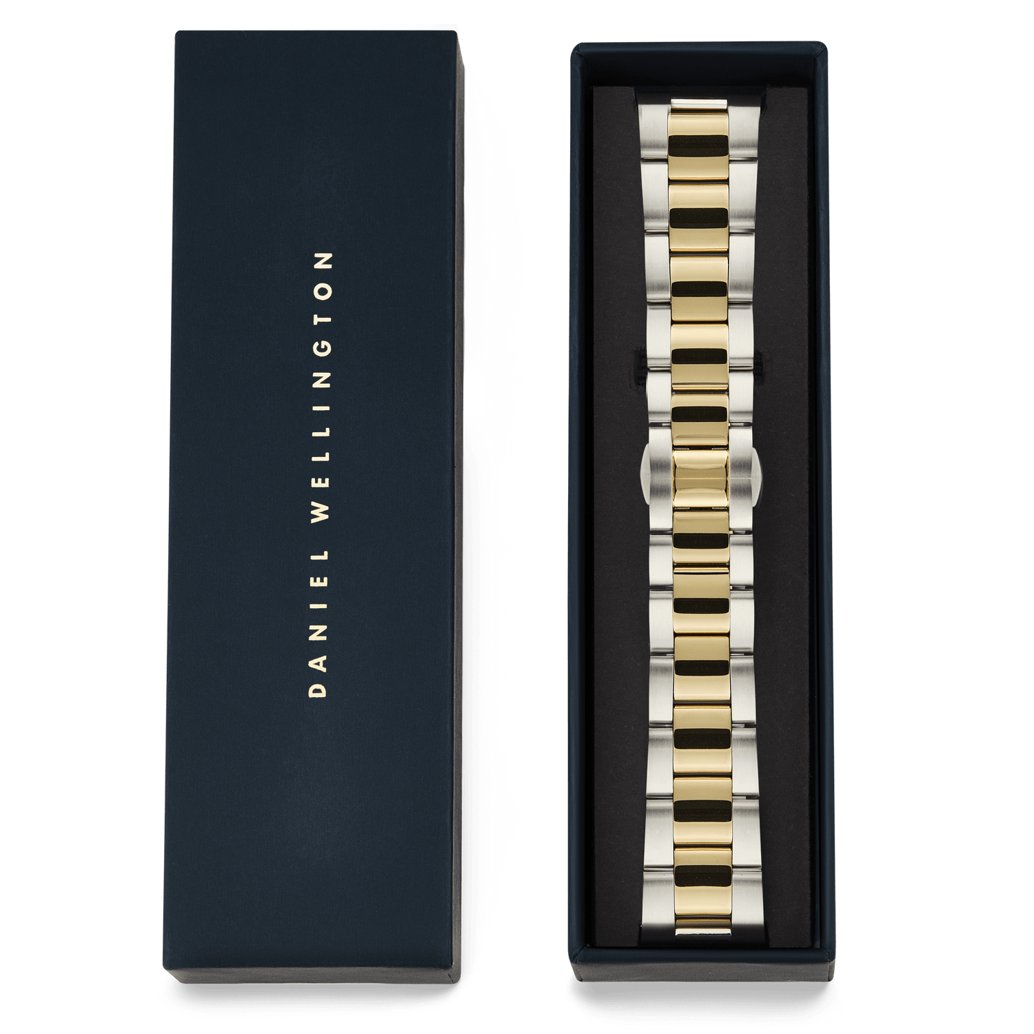 The Smartwatch Iconic Link strap in two-tone silver and gold by Daniel Wellington, shown in its signature navy blue presentation box.