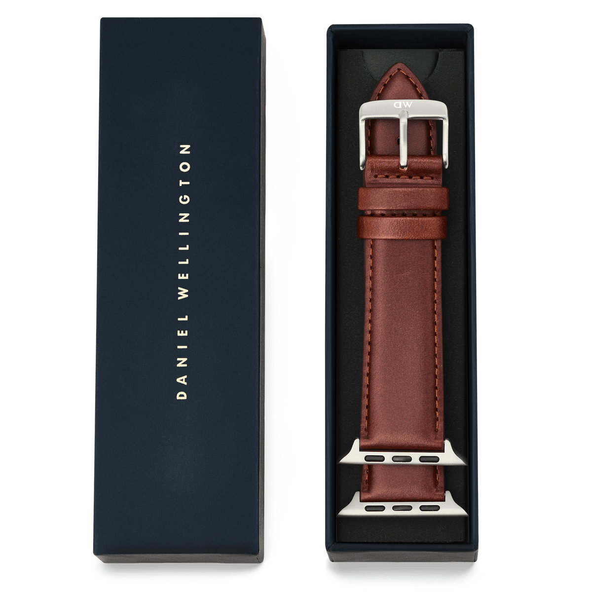 Daniel Wellington Smartwatch Leather Strap St Mawes in brown, featuring a silver pin buckle, presented in its dark blue packaging.
