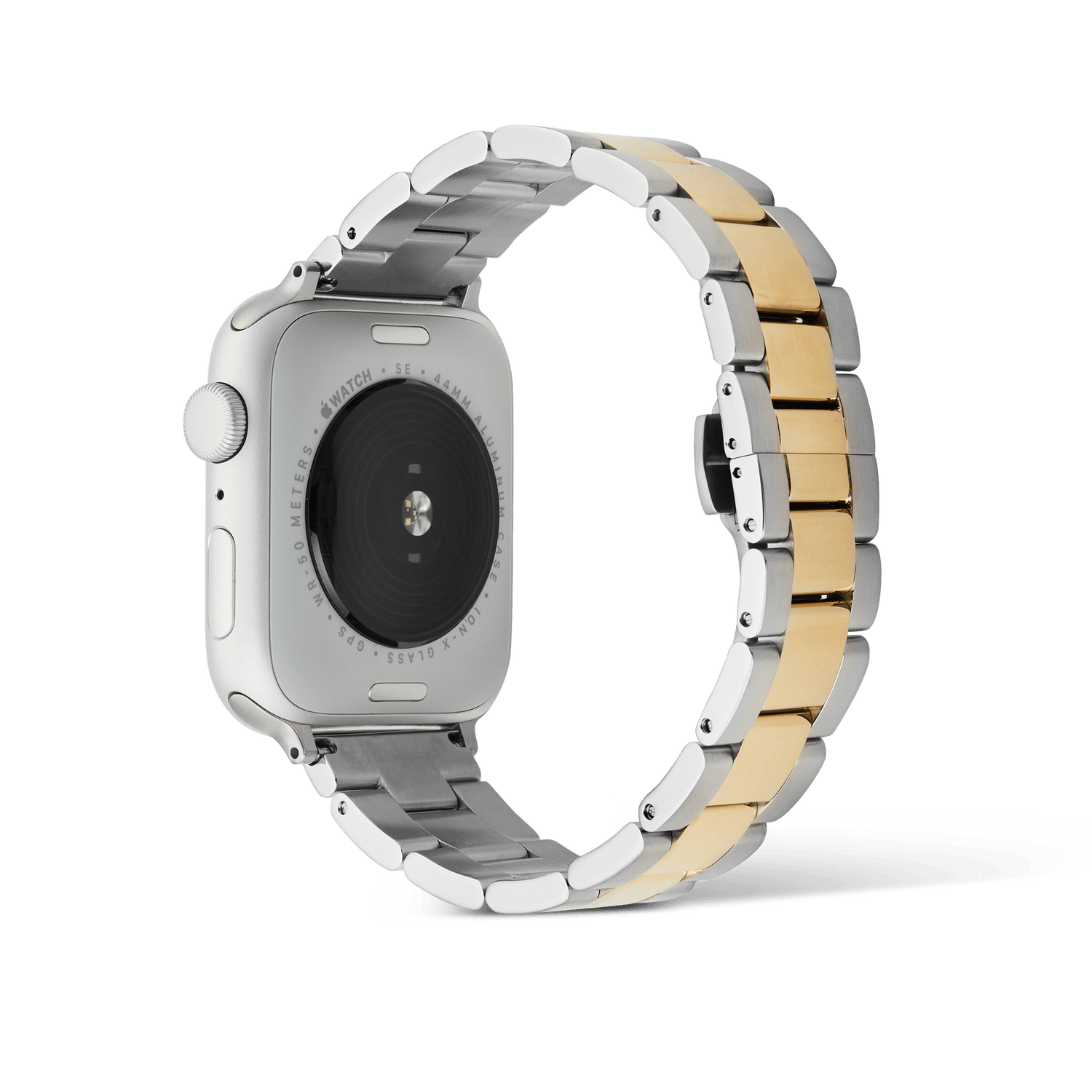 Back view of an Apple Watch with the Daniel Wellington Smartwatch Iconic Link two-tone strap, featuring a three-link design with brushed silver outer links and a polished gold center link.