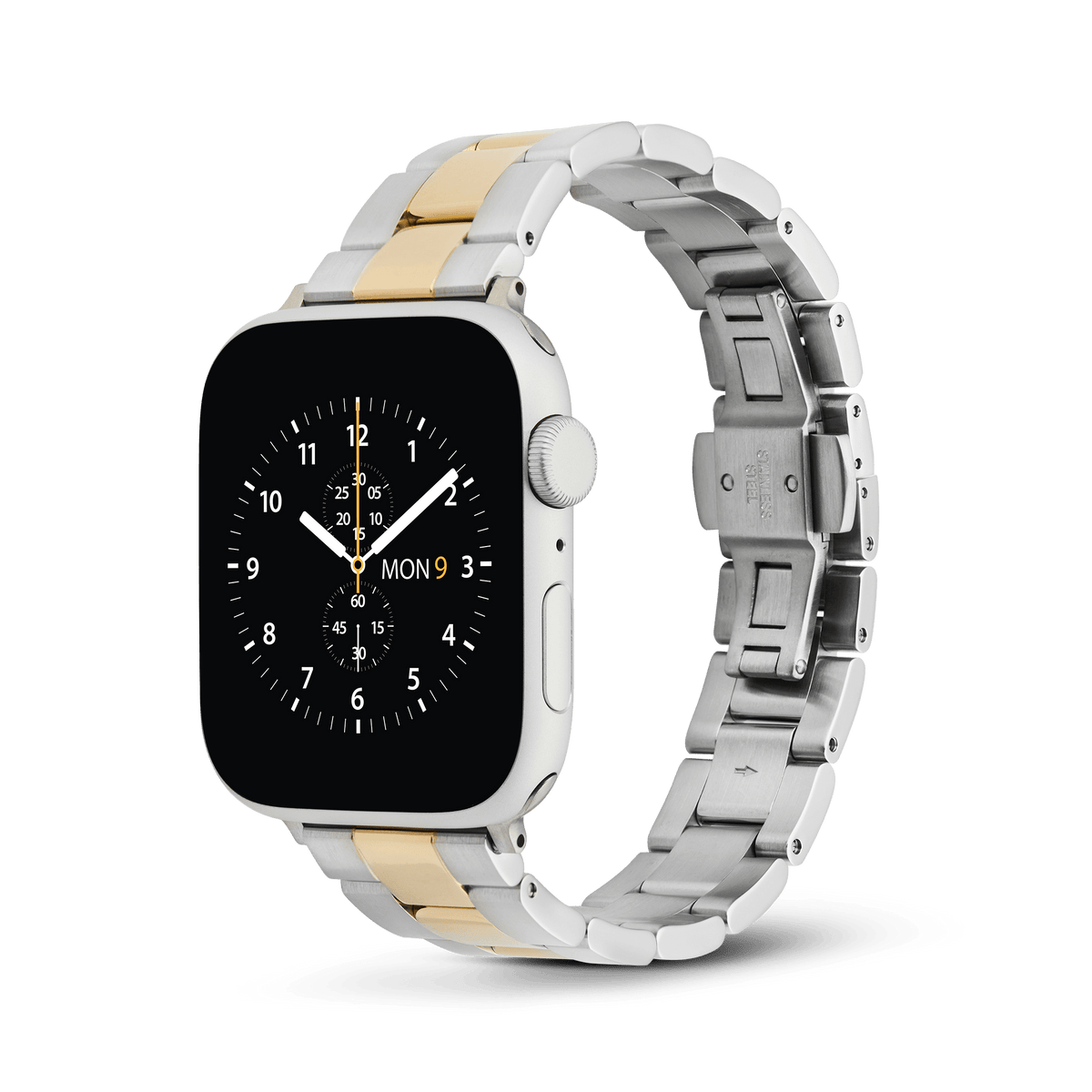 Daniel Wellington's Iconic Link smartwatch strap in two-tone silver and gold, featuring a three-piece link design on an Apple Watch.